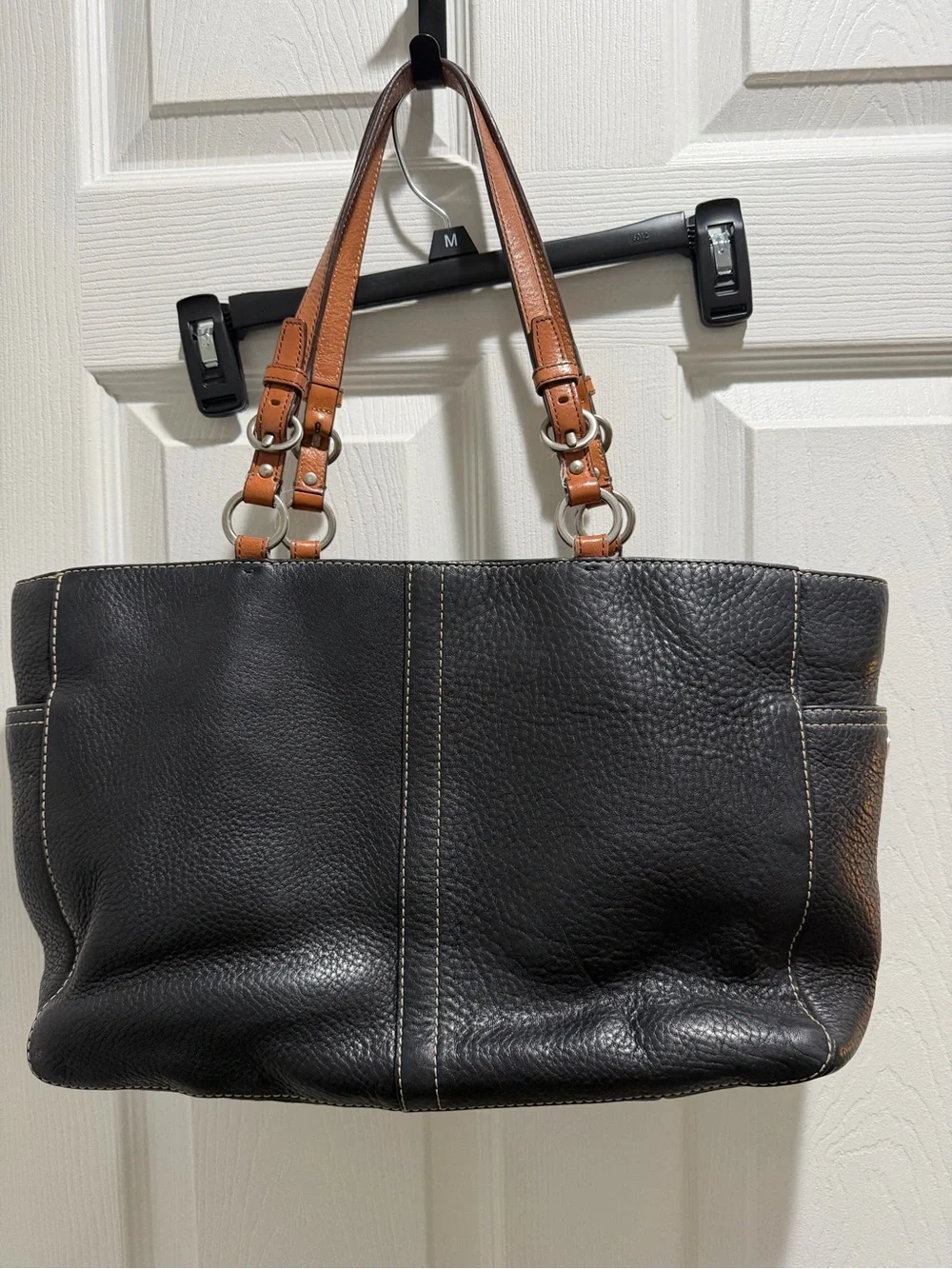 Classic Black Leather Tote with Tan Handles